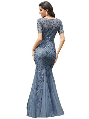 Vestido Elegante de Fiesta Largo Azul Acero para Mujer con Lentejuela Sirena Manga Corta T Ch a Talla Extra