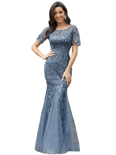 Vestido Elegante de Fiesta Largo Azul Acero para Mujer con Lentejuela Sirena Manga Corta T Ch a Talla Extra