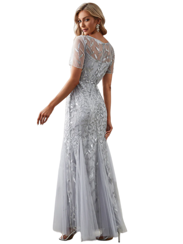 Vestido Elegante de Fiesta Largo Plata Gris para Mujer con Lentejuela Sirena Manga Corta T Ch a Talla Extra