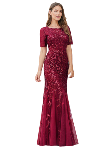 Vestido Elegante de Fiesta Largo Guinda Vino para Mujer con Lentejuela Sirena Manga Corta T Ch a Talla Extra