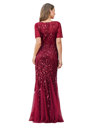 Vestido Elegante de Fiesta Largo Guinda Vino para Mujer con Lentejuela Sirena Manga Corta T Ch a Talla Extra