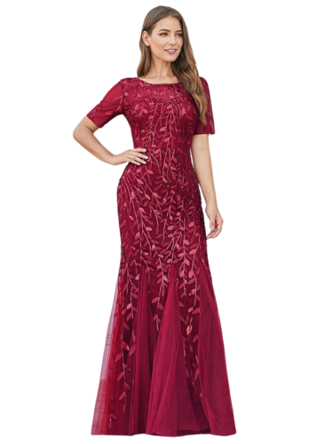 Vestido Elegante de Fiesta Largo Guinda Vino para Mujer con Lentejuela Sirena Manga Corta T Ch a Talla Extra