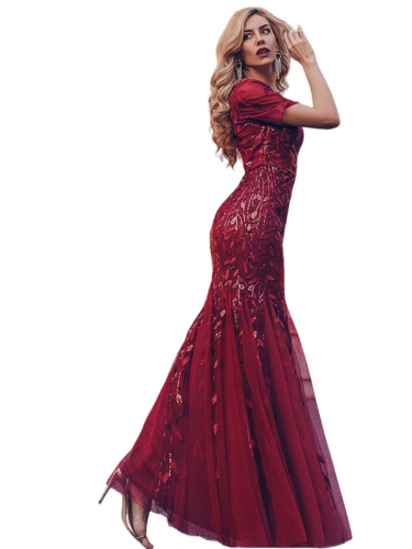 Vestido Elegante de Fiesta Largo Guinda Vino para Mujer con Lentejuela Sirena Manga Corta T Ch a Talla Extra