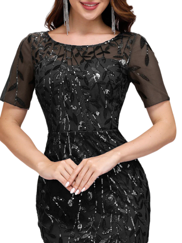 Vestido Elegante de Fiesta Largo Negro para Mujer con Lentejuela Sirena Manga Corta T Ch a Talla Extra