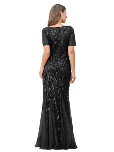 Vestido Elegante de Fiesta Largo Negro para Mujer con Lentejuela Sirena Manga Corta T Ch a Talla Extra