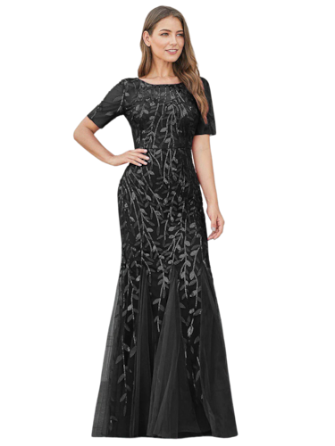 Vestido Elegante de Fiesta Largo Negro para Mujer con Lentejuela Sirena Manga Corta T Ch a Talla Extra