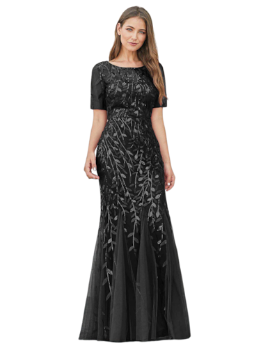 Vestido Elegante de Fiesta Largo Negro para Mujer con Lentejuela Sirena Manga Corta T Ch a Talla Extra