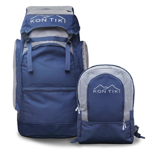 Mochila 2 en 1 Azul para Viaje y Campismo 62l + Backpack 10l Kon Tiki MAZAMITLA-AZ
