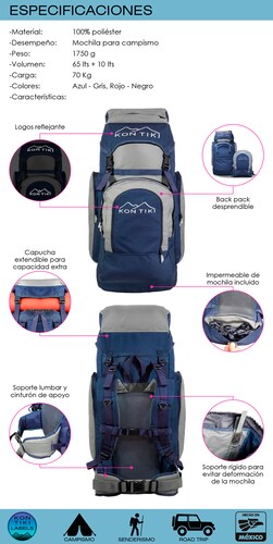 Mochila 2 en 1 Azul para Viaje y Campismo 62l + Backpack 10l Kon Tiki MAZAMITLA-AZ