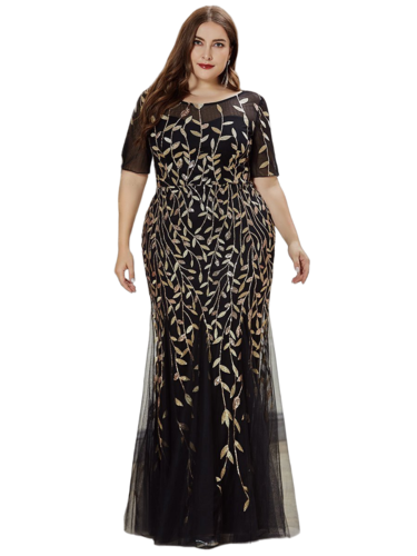Vestido Elegante de Fiesta Largo Negro Dorado para Mujer con Lentejuela Sirena Manga Corta T Ch a Talla Extra