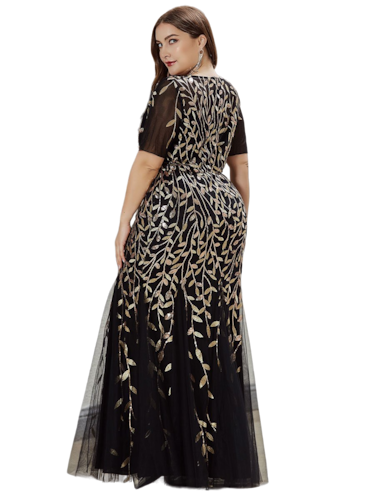 Vestido Elegante de Fiesta Largo Negro Dorado para Mujer con Lentejuela Sirena Manga Corta T Ch a Talla Extra