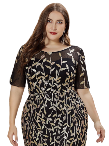 Vestido Elegante de Fiesta Largo Negro Dorado para Mujer con Lentejuela Sirena Manga Corta T Ch a Talla Extra