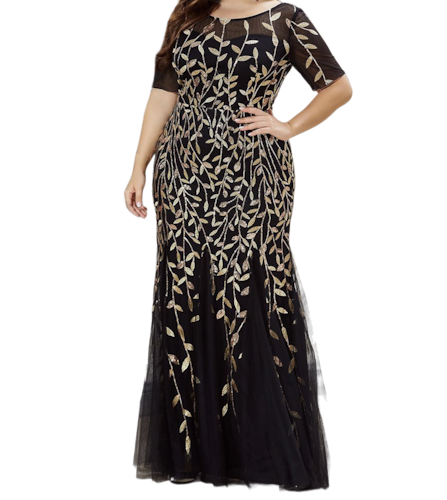 Vestido Elegante de Fiesta Largo Negro Dorado para Mujer con Lentejuela Sirena Manga Corta T Ch a Talla Extra