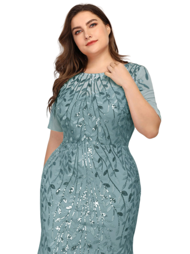 Vestido Elegante de Fiesta Largo Turquesa Dusty para Mujer con Lentejuela Sirena Manga Corta T Ch a Talla Extra