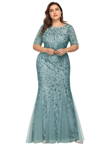 Vestido Elegante de Fiesta Largo Turquesa Dusty para Mujer con Lentejuela Sirena Manga Corta T Ch a Talla Extra