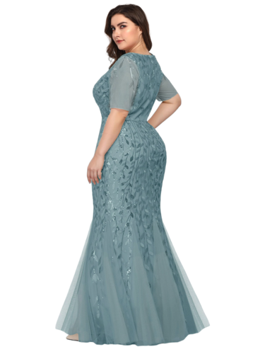 Vestido Elegante de Fiesta Largo Turquesa Dusty para Mujer con Lentejuela Sirena Manga Corta T Ch a Talla Extra