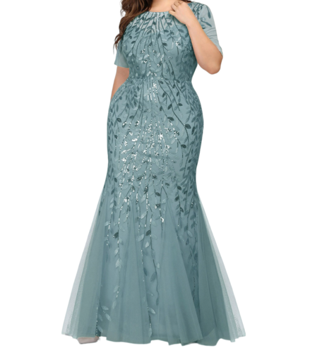 Vestido Elegante de Fiesta Largo Turquesa Dusty para Mujer con Lentejuela Sirena Manga Corta T Ch a Talla Extra