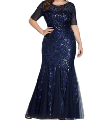 Vestido Elegante de Fiesta Largo Azul Marino para Mujer con Lentejuela Sirena Manga Corta T Ch a Talla Extra