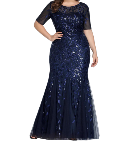 Vestido Elegante de Fiesta Largo Azul Marino para Mujer con Lentejuela Sirena Manga Corta T Ch a Talla Extra