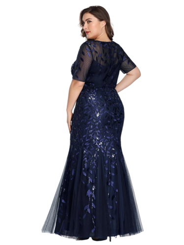 Vestido Elegante de Fiesta Largo Azul Marino para Mujer con Lentejuela Sirena Manga Corta T Ch a Talla Extra