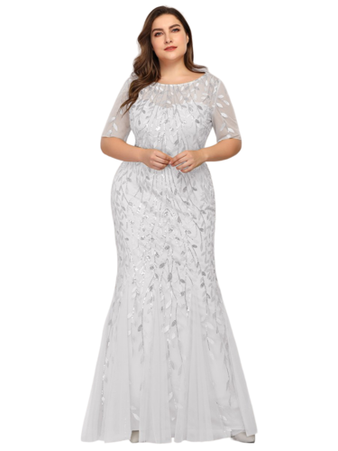 Vestido Elegante de Fiesta Largo Blanco Novia para Mujer Boda con Lentejuela Sirena Manga Corta T Ch a Talla Extra