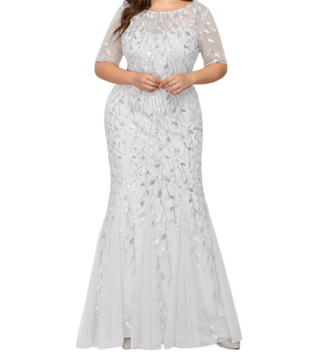 Vestido Elegante de Fiesta Largo Blanco Novia para Mujer Boda con Lentejuela Sirena Manga Corta T Ch a Talla Extra