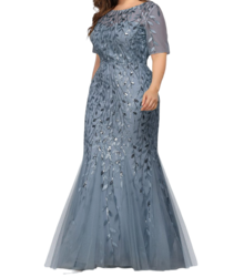Vestido Elegante de Fiesta Largo Azul Acero para Mujer con Lentejuela Sirena Manga Corta T Ch a Talla Extra