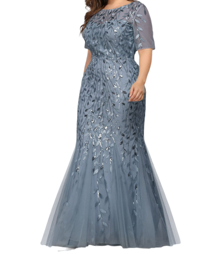 Vestido Elegante de Fiesta Largo Azul Acero para Mujer con Lentejuela Sirena Manga Corta T Ch a Talla Extra