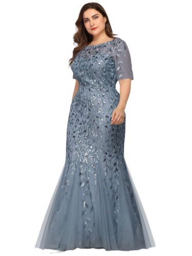 Vestido Elegante de Fiesta Largo Azul Acero para Mujer con Lentejuela Sirena Manga Corta T Ch a Talla Extra