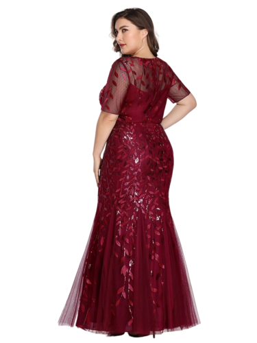 Vestido Elegante de Fiesta Largo Guinda Vino para Mujer con Lentejuela Sirena Manga Corta T Ch a Talla Extra
