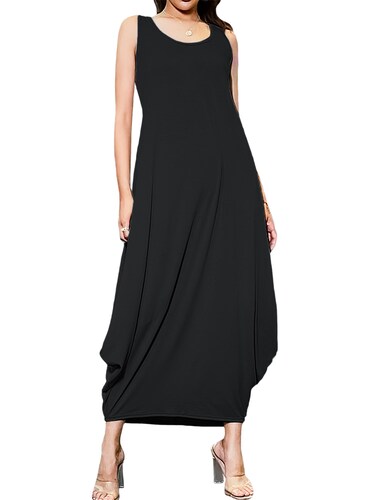 Vestido holgado casual fresco juvenil largo dama mujer xally 1 cuello redondo sin mangas