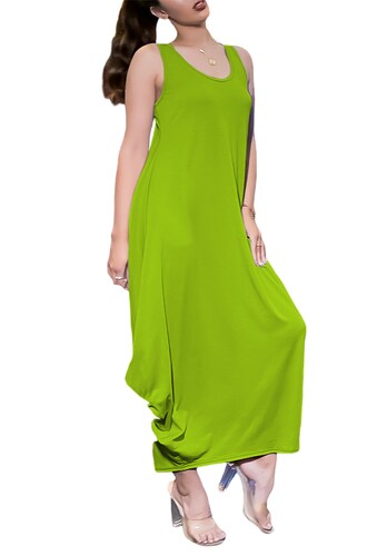 Vestido holgado casual fresco juvenil largo dama mujer xally 1 cuello redondo sin mangas