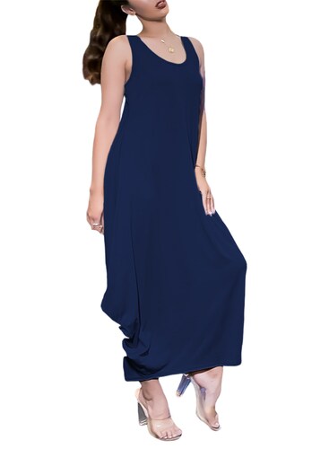 Vestido holgado casual fresco juvenil largo dama mujer xally 1 cuello redondo sin mangas