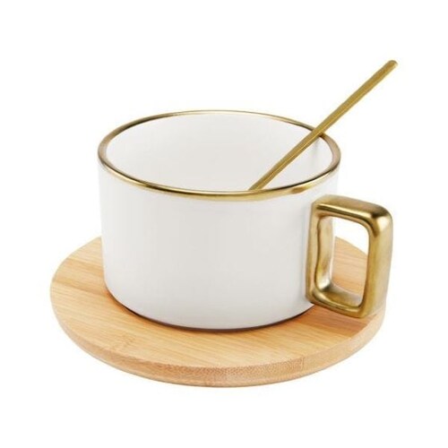Kit de Tazas de Cerámica Con Base de Bambú