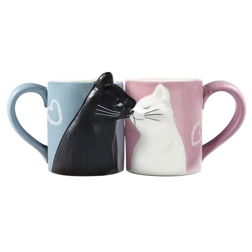 Juego de Tazas de Cerámica BigNoseDeer para Café Capacidad de 350 ml, Diseño Beso de Gato