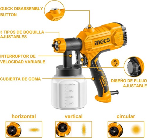 Pistola Para Pintar 800Ml 450W 380Ml/Min+ Medidor Vis Ingco Uspg3508