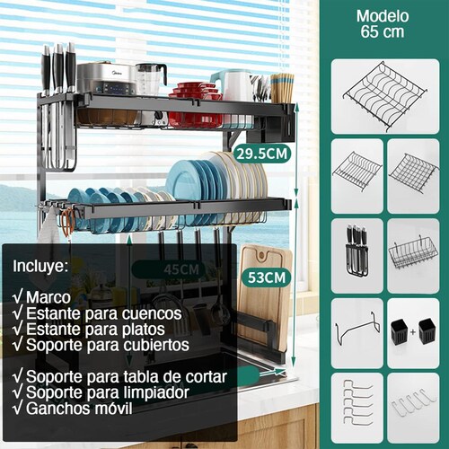 Escurridor para trastes de acero con dos niveles, espacio para organizar platos, cuchillos y utensilios, ganchos resistentes para colgar palas, ahorrador de espacio. 65 cm ideal para 1 tina