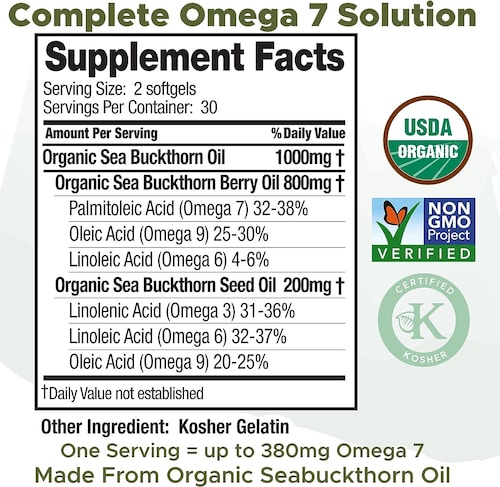Mezcla de Aceite de espino amarillo Omega 7 60 cápsulas