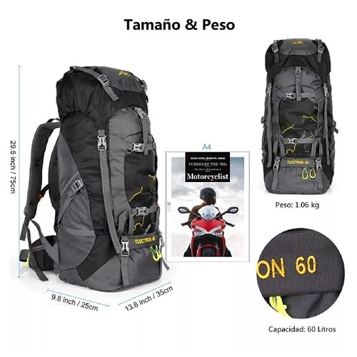 Mochila 60 L Senderismo Campismo Impermeable Cubierta Lluvia Negro