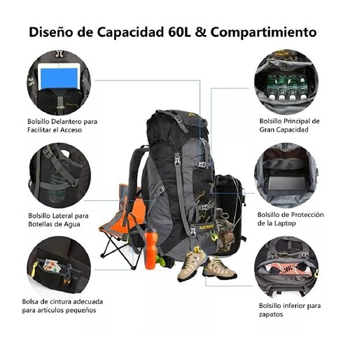 Mochila 60 L Senderismo Campismo Impermeable Cubierta Lluvia Negro
