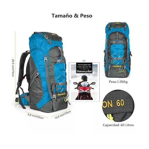 Mochila 60 L Senderismo Campismo Impermeable Cubierta Lluvia Azul