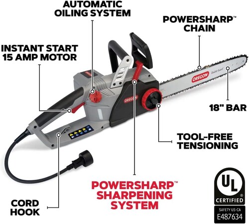 Oregon CS1500 Motosierra eléctrica con cable autoafilable de 18 pulgadas y 15 amperios con sistema integrado de autoafilado PowerSharp Bajo ruido Diseño ergonómico