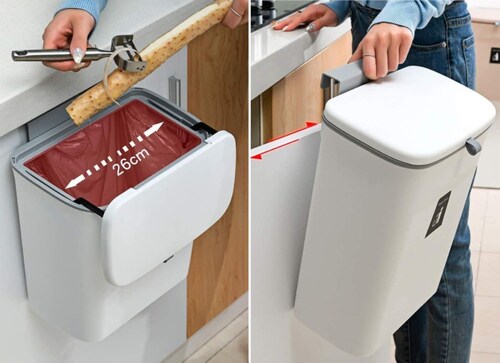 Bote de Basura Colgante para Cocina, Bote con Tapa de Cocina con Jalador de Migajas Capacidad 9L