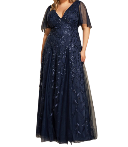 Vestido Elegante de Fiesta Largo Azul Marino para Mujer con Lentejuela Sirena Cuello V Manga Corta T Ch a Talla Extra