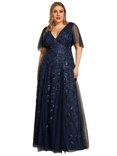 Vestido Elegante de Fiesta Largo Azul Marino para Mujer con Lentejuela Sirena Cuello V Manga Corta T Ch a Talla Extra