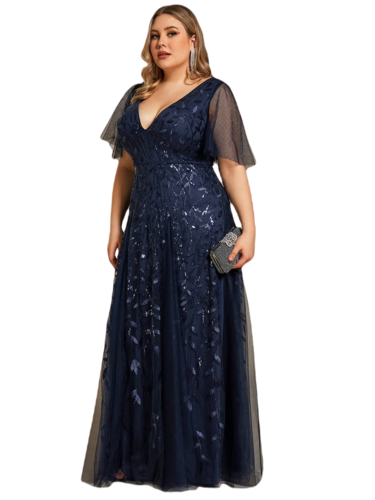 Vestido Elegante de Fiesta Largo Azul Marino para Mujer con Lentejuela Sirena Cuello V Manga Corta T Ch a Talla Extra