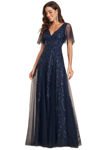 Vestido Elegante de Fiesta Largo Azul Marino para Mujer con Lentejuela Sirena Cuello V Manga Corta T Ch a Talla Extra