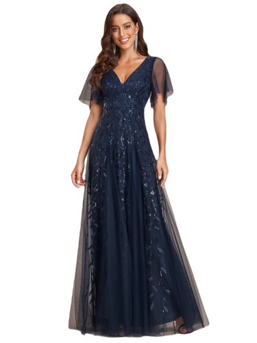 Vestido Elegante de Fiesta Largo Azul Marino para Mujer con Lentejuela Sirena Cuello V Manga Corta T Ch a Talla Extra