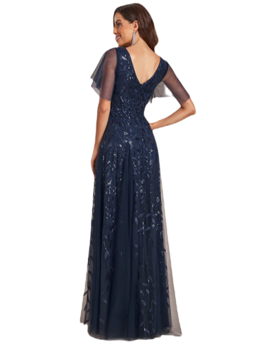 Vestido Elegante de Fiesta Largo Azul Marino para Mujer con Lentejuela Sirena Cuello V Manga Corta T Ch a Talla Extra