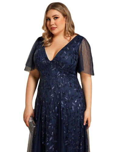 Vestido Elegante de Fiesta Largo Azul Marino para Mujer con Lentejuela Sirena Cuello V Manga Corta T Ch a Talla Extra